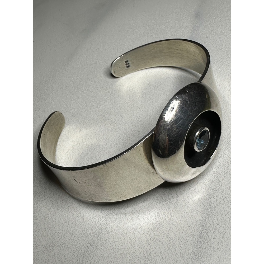 Vintage Modernist Sterling Silver 925 Blue Topaz Domed Cuff Bracelet 25.3g